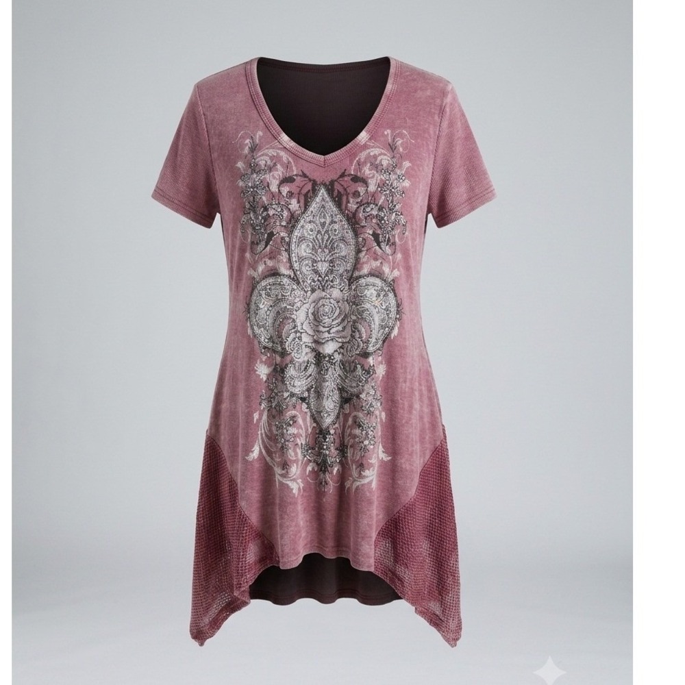 Y2K Vocal Fleur De Lis Rhinestone Tunic Handkerchief Hem Mcbling 1X Plus